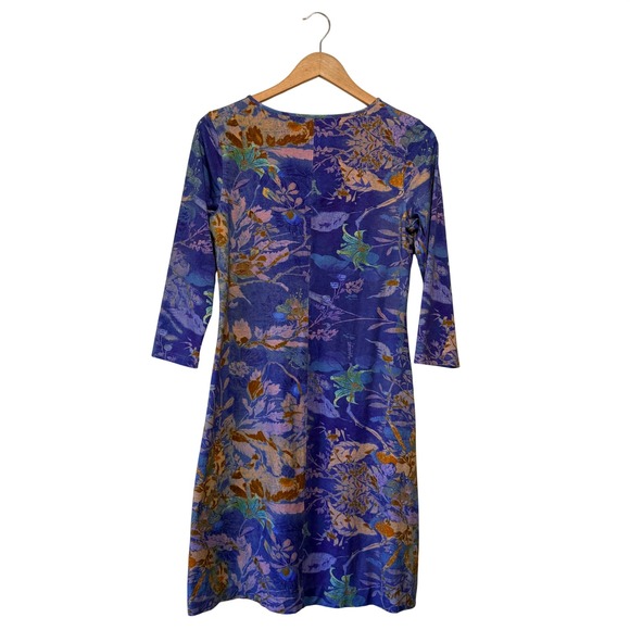 Peruvian Connection Blue Floral Botanical Jersey Sheath Dress 3/4 Sleeve Size M - Picture 2 of 6